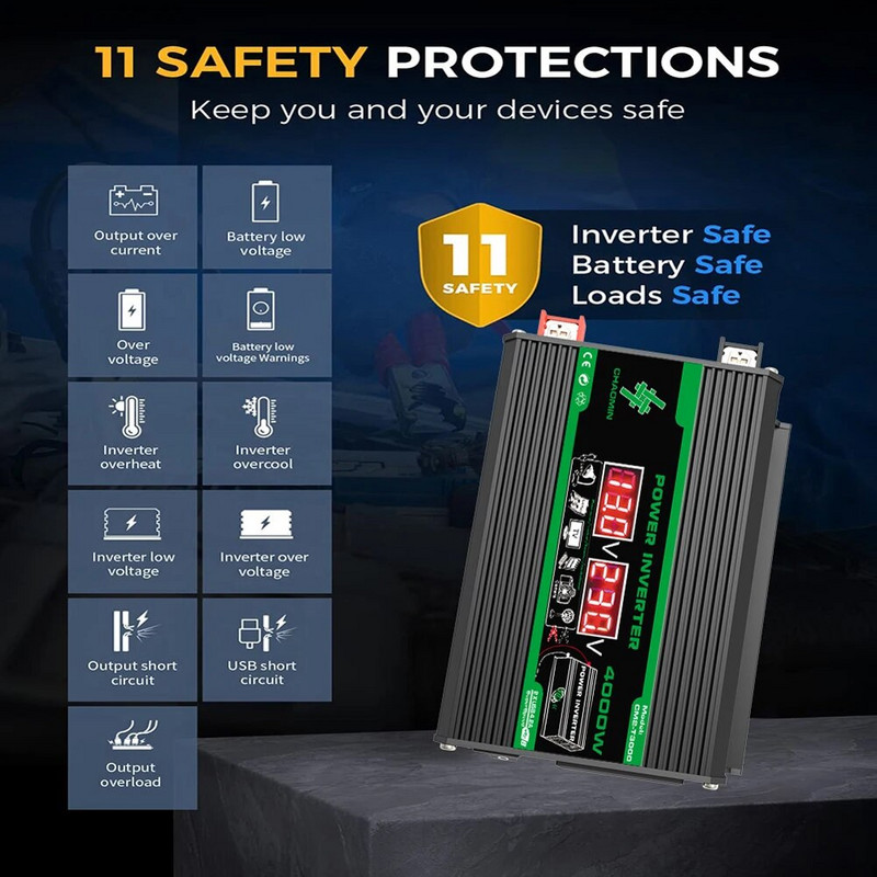 4000 W automobilio keitiklis nuo 12 V iki 220 V / 110 V transporto priemonės išmanusis keitiklis LCD ekranas sinusinio keitiklio transformatorius dvigubas USB išmanusis automobilio maitinimo šaltinis