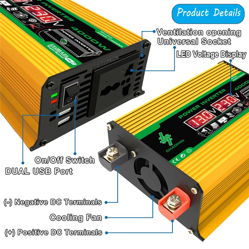 4000 W automobilio keitiklis nuo 12 V iki 220 V / 110 V transporto priemonės išmanusis keitiklis LCD ekranas sinusinio keitiklio transformatorius dvigubas USB išmanusis automobilio maitinimo šaltinis
