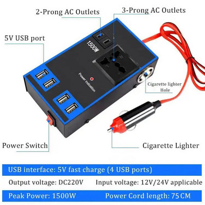 1500 W auto toiteinverter 12 V 24 V kuni 220 V multifunktsionaalne 4 USB pistikupesaga laadija adapteri muundur