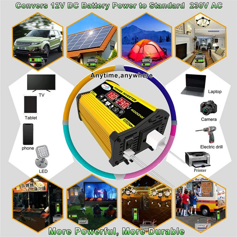 Automobilio maitinimo inverterio keitiklis DC 12V į AC 110/220V Transformatorius Dvigubas USB 4000W smailės modifikuotas sinusinės bangos keitiklis Automobilinis priedas