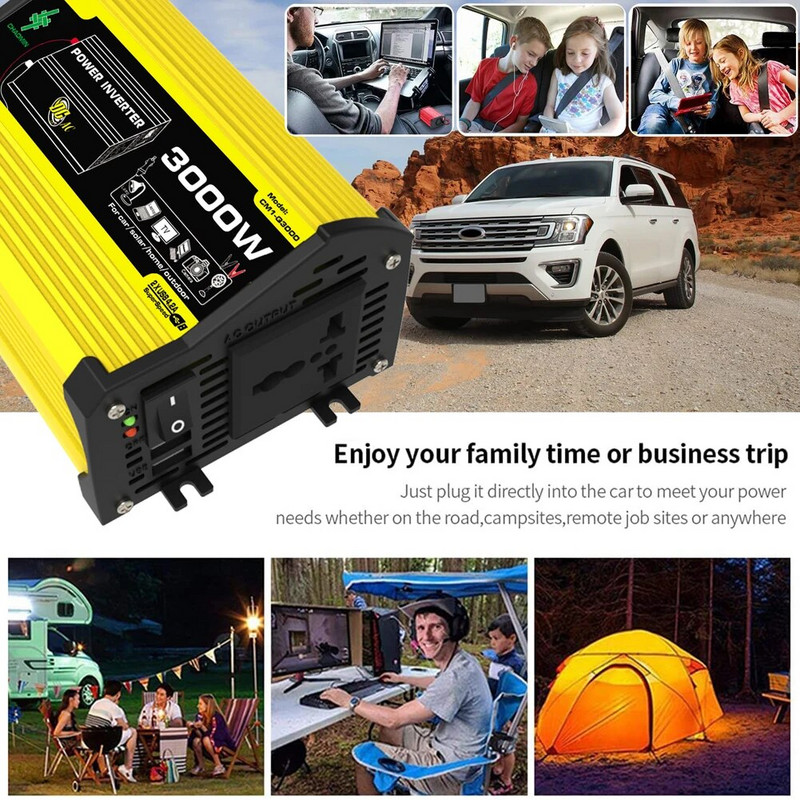 3000 W automobilio įtampos transformatorius DC 12V į AC 110/220V Dvigubas USB automobilinio įkroviklio keitiklis Modifikuotas sinusinės bangos nešiojamas maitinimo keitiklis