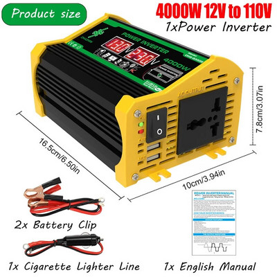 Autoinverter 4000W tipp DC12V kuni 110V/220V LED-ekraani pistikupesad Toiteinverteri adapter Kahe USB-kiirlaadimisega nutikas inverter