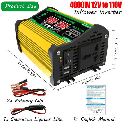 Autoinverter 4000W tipp DC12V kuni 110V/220V LED-ekraani pistikupesad Toiteinverteri adapter Kahe USB-kiirlaadimisega nutikas inverter