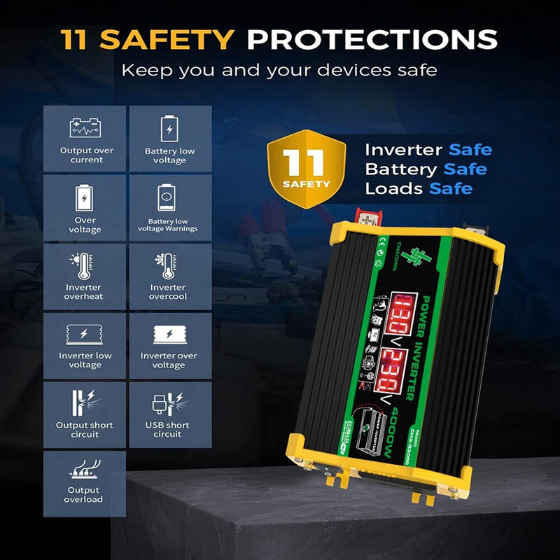 Autoinverter 4000W tipp DC12V kuni 110V/220V LED-ekraani pistikupesad Toiteinverteri adapter Kahe USB-kiirlaadimisega nutikas inverter