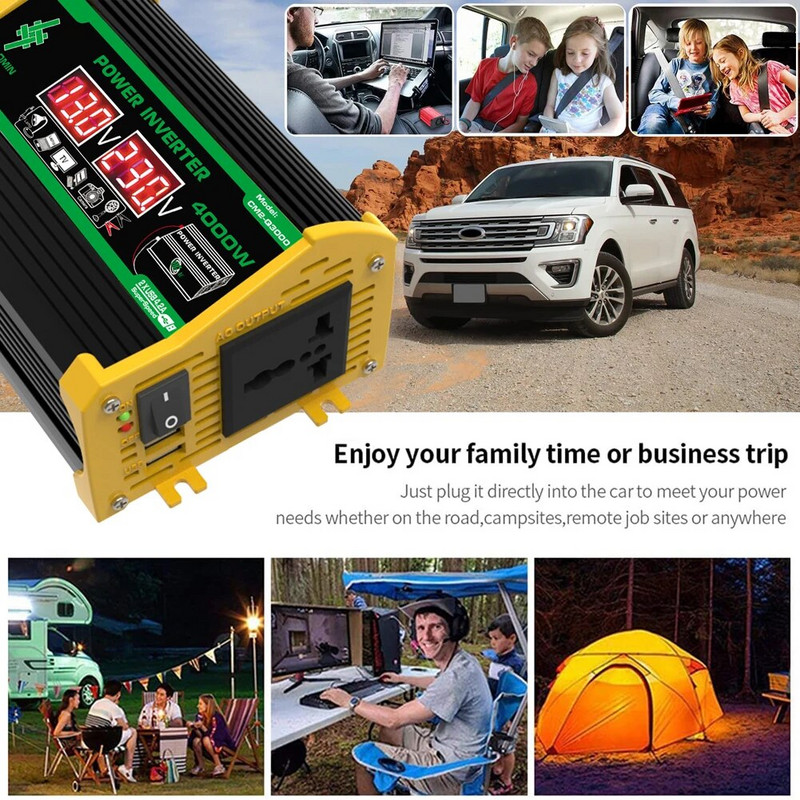 Autoinverter 4000W tipp DC12V kuni 110V/220V LED-ekraani pistikupesad Toiteinverteri adapter Kahe USB-kiirlaadimisega nutikas inverter
