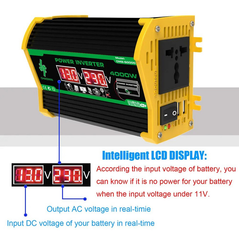 Autoinverter 4000W tipp DC12V kuni 110V/220V LED-ekraani pistikupesad Toiteinverteri adapter Kahe USB-kiirlaadimisega nutikas inverter