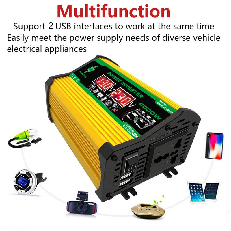 Autoinverter 4000W tipp DC12V kuni 110V/220V LED-ekraani pistikupesad Toiteinverteri adapter Kahe USB-kiirlaadimisega nutikas inverter