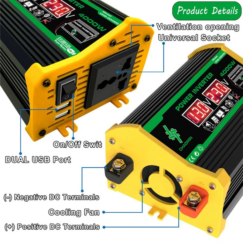 Autoinverter 4000W tipp DC12V kuni 110V/220V LED-ekraani pistikupesad Toiteinverteri adapter Kahe USB-kiirlaadimisega nutikas inverter