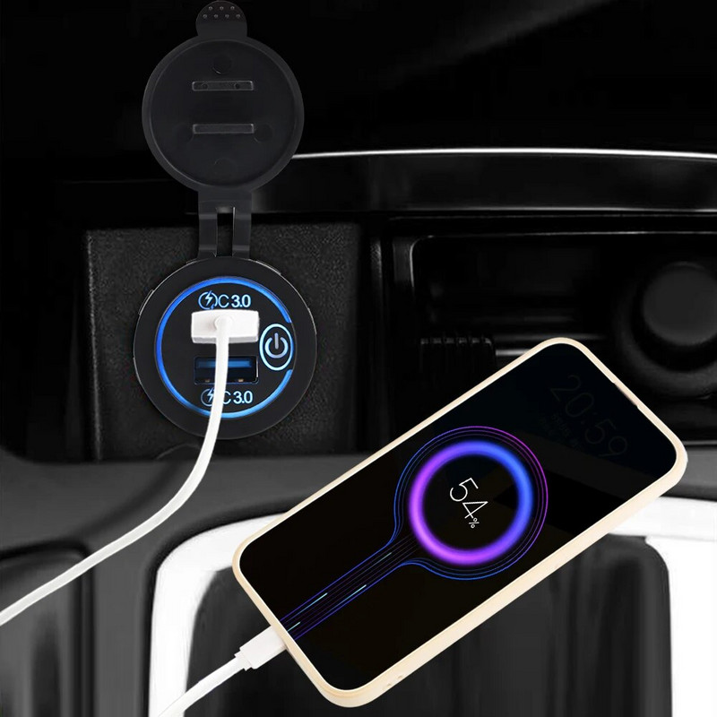 Ātrās uzlādes 3.0 dubultā USB automašīnas lādētāja ligzda Ūdensnecaurlaidīga 12V/24V USB ātrās uzlādes ligzda, strāvas kontaktligzda ar skārienslēdzi