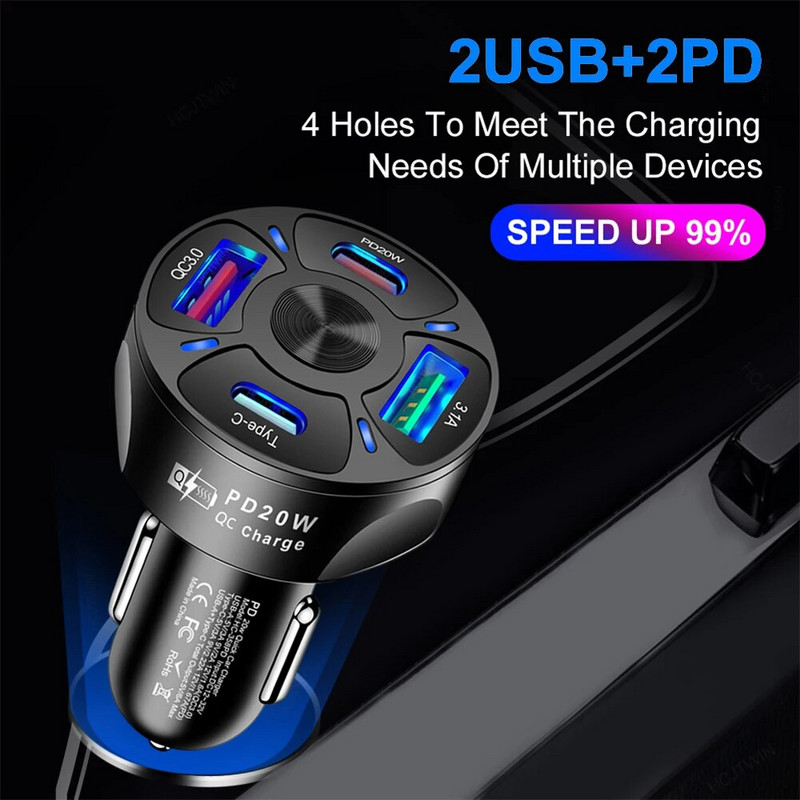 38W PD +Type-c auto punjač QC3.0 USB 3.1A brzo punjenje auto punjač brzo punjenje jedan za četiri multi-port auto punjač univerzalni
