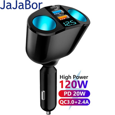 JaJaBor Автомобилна запалка Сплитер 5 гнезда 120W High Power Type C PD 20W USB 2.4A QC3.0 Адаптер за бързо зареждане