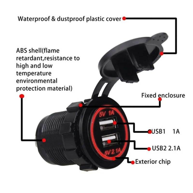 Φορτιστής USB αυτοκινήτου 3.1A για μοτοσικλέτα φορτηγό ATV σκάφος Φως LED Διπλή υποδοχή φορτιστή USB Προσαρμογέας ρεύματος Πρίζα