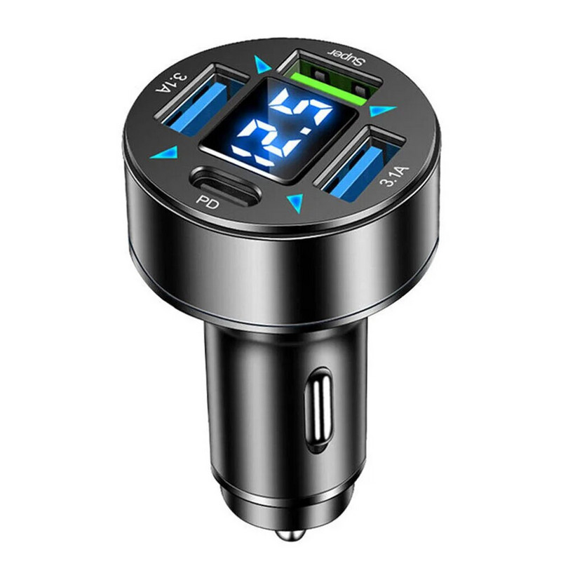 Ātrās uzlādes 3USB+PD digitālais displejs automašīnas lādētājs racionalizēts alumīnija sakausējuma dizains 5 slāņu ķēdes aizsardzība