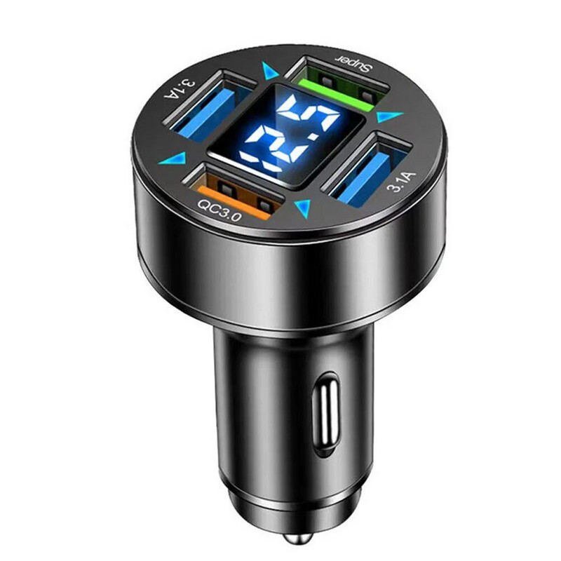 Ātrās uzlādes 3USB+PD digitālais displejs automašīnas lādētājs racionalizēts alumīnija sakausējuma dizains 5 slāņu ķēdes aizsardzība