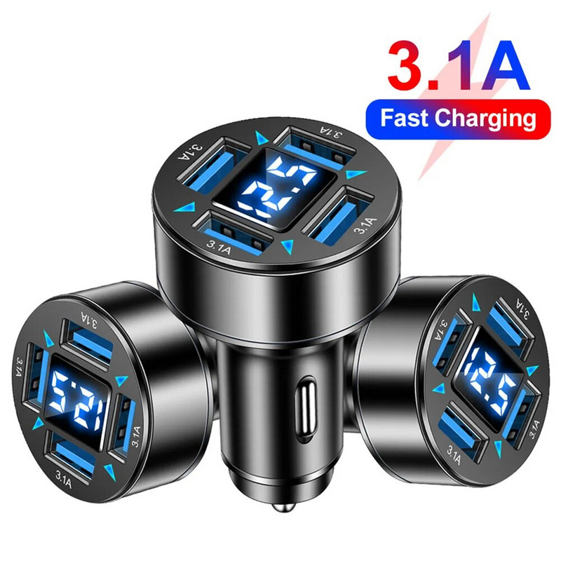Ātrās uzlādes 3USB+PD digitālais displejs automašīnas lādētājs racionalizēts alumīnija sakausējuma dizains 5 slāņu ķēdes aizsardzība