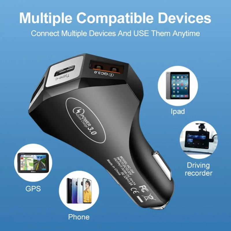 Φορτιστής τηλεφώνου Drapop αυτοκινήτου QC 3.0 3 USB Type-C 5V 3.1A Ταχεία φόρτιση Αναπτήρας τσιγάρων Προσαρμογέας ρεύματος Αξεσουάρ αυτοκινήτου