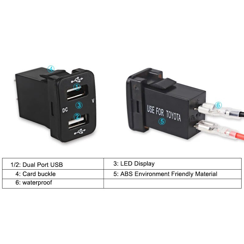 DC 12v Υποδοχή USB Φορτιστής Μετρητής τάσης Βολτόμετρο Αναπτήρας 2 θυρών Φορτιστής διασύνδεσης προσαρμογέα ρεύματος για Toyota