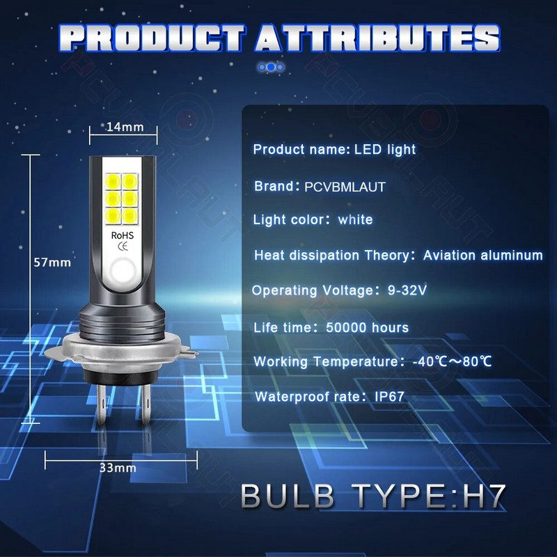 PCVBMLAUT 2PCS Φώτα αυτοκινήτου 201001-H7 Super Bright LED Προβολείς Μεγάλης Σκάλας Ομίχλης Λαμπτήρας Λευκό 6000K Αξεσουάρ αυτοκινήτου