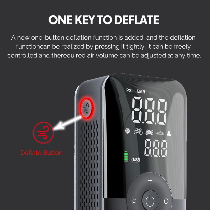 Carsun Mini pārnēsājams riepu piepūšanas ierīce, uzlādējams elektriskais piepūšanas līdzeklis velosipēda digitālajam gaisa kompresoram futbola bumbas piepūšanas sūknim