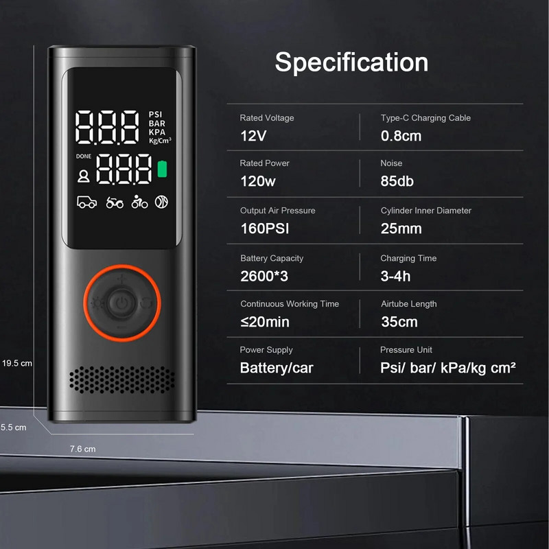 JAUNS 2024. gada bezvadu automašīnas gaisa kompresors, elektriskais riepu piepūšanas sūknis motocikla velolaivai AUTO riepu bumbiņas 120 W automašīnas gaisa sūknis