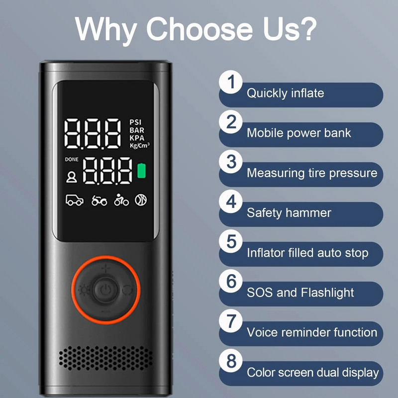 JAUNS 2024. gada bezvadu automašīnas gaisa kompresors, elektriskais riepu piepūšanas sūknis motocikla velolaivai AUTO riepu bumbiņas 120 W automašīnas gaisa sūknis