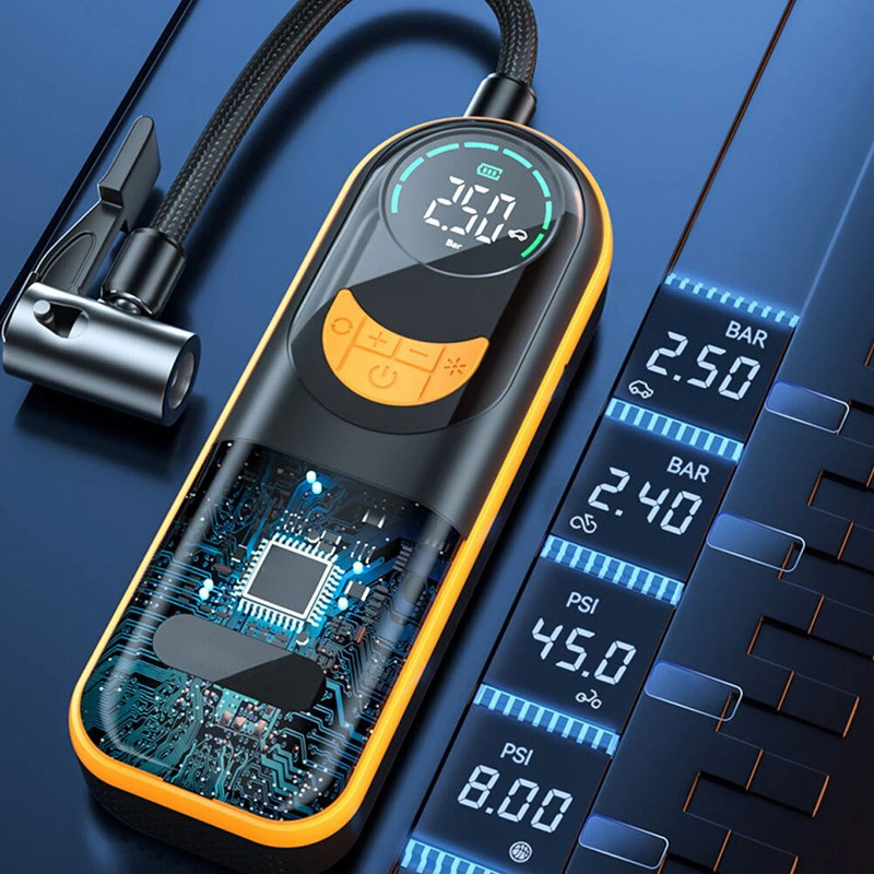 Bezvada elektriskā gaisa sūkņa riepu piepūšanas pārnēsājamais gaisa kompresors ar digitālo spiediena mērītāju un LED gaismu motociklam