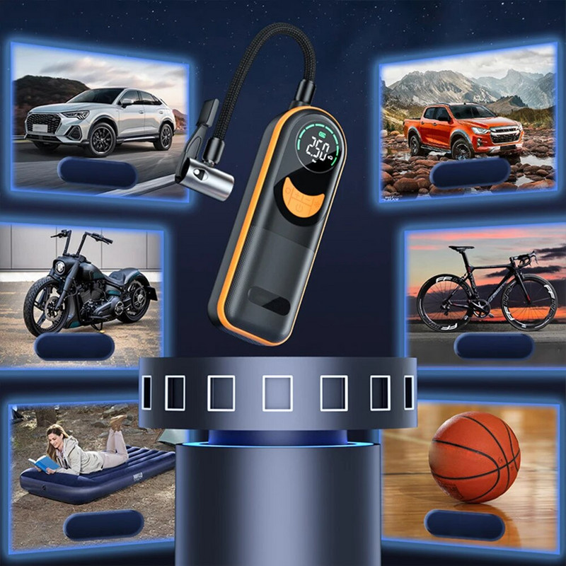 Bezvada elektriskā gaisa sūkņa riepu piepūšanas pārnēsājamais gaisa kompresors ar digitālo spiediena mērītāju un LED gaismu motociklam