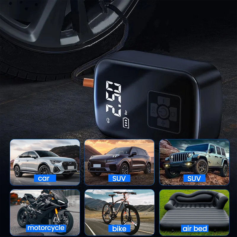 Ασύρματο συμπιεστή αέρα αυτοκινήτου Ψηφιακή αντλία φουσκώματος ελαστικών Λάμπα LED Συμπιεστής αντλίας συμπίεσης ελαστικών για αξεσουάρ μοτοσικλετών αυτοκινήτου