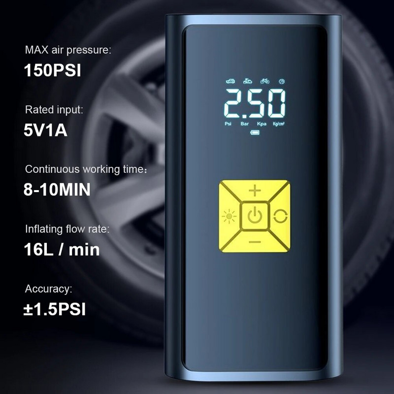 Pārnēsājams automašīnas gaisa kompresors ar LED gaismas elektrisko riepu piepūšanu 150 PSI Smart digitālais piepūšamais sūknis Automātiskais gaisa sūknis