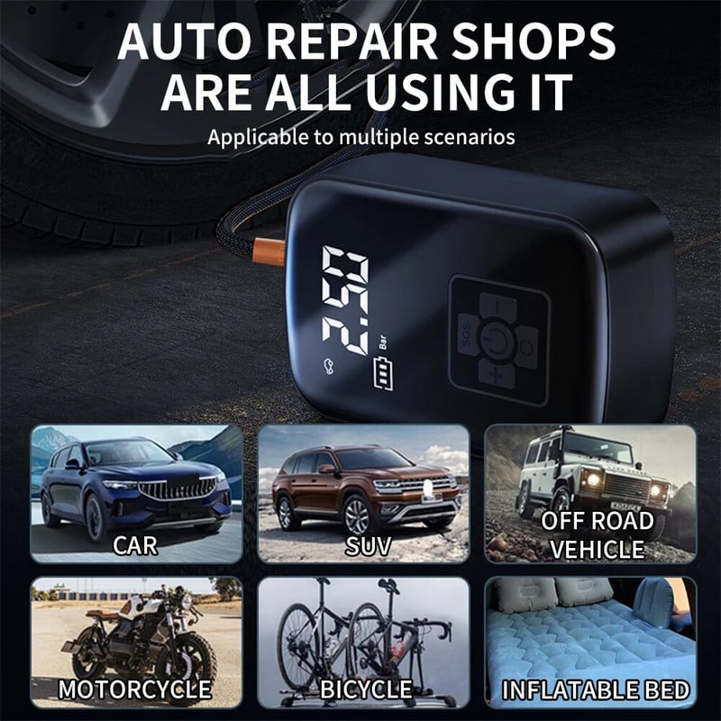 Automobiļu automašīnu gaisa kompresora digitālā riepu piepūšanas sūkņa LED lampa motociklu velosipēda laivu riepu bumbiņām riepu piepūšamajam