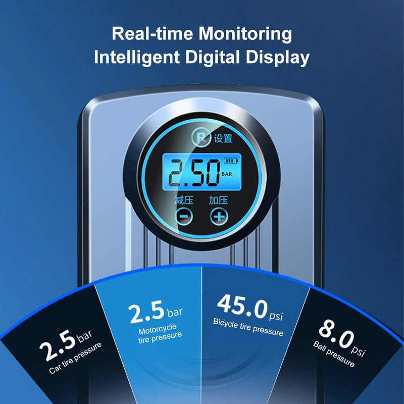 120 W bezvadu riepu piepūšanas ierīce, USB uzlādējams rokas gaisa kompresora sūknis, pārnēsājams automašīnu riepu piepūtējs motociklu bumbām