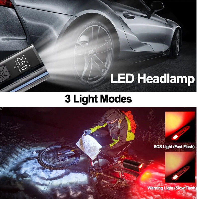 Új autós felfújó szivattyú 12V 6000mAh elektromos vezeték nélküli hordozható gumiabroncs felfújó szivattyú motorkerékpárhoz autó gumiabroncs golyós szivattyú