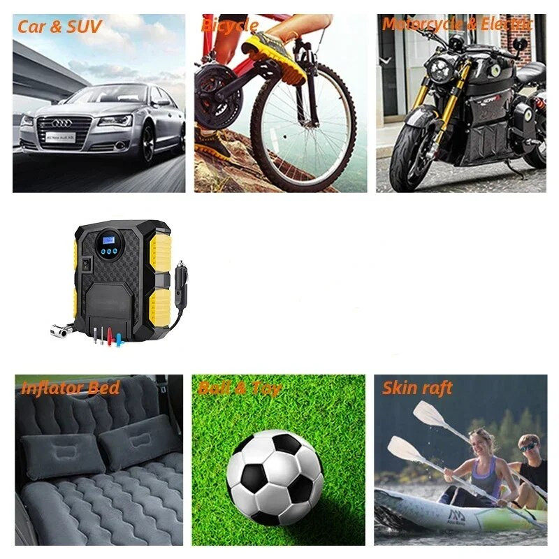 Pārnēsājams automašīnas piepūšanas sūknis, digitālais displejs 12V 150PSI elektriskā transportlīdzekļa riepu piepūšanas gaisa kompresors motocikla velosipēda bumbiņai