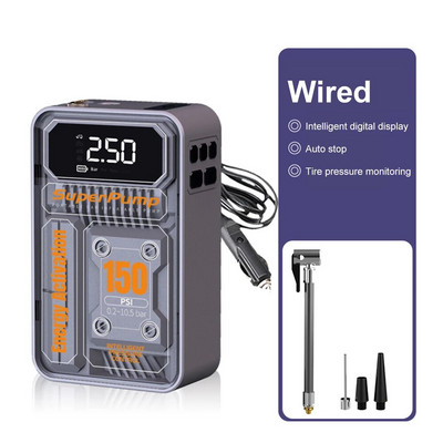 150PSI bezvadu automašīnu riepu piepūšanas ierīce, pārnēsājama 30000 apgr./min gaisa kompresora digitālais piepūšamais sūknis motociklu riepu bumbiņām