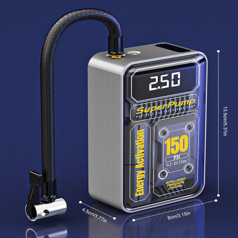 150PSI bezvadu automašīnu riepu piepūšanas ierīce, pārnēsājama 30000 apgr./min gaisa kompresora digitālais piepūšamais sūknis motociklu riepu bumbiņām