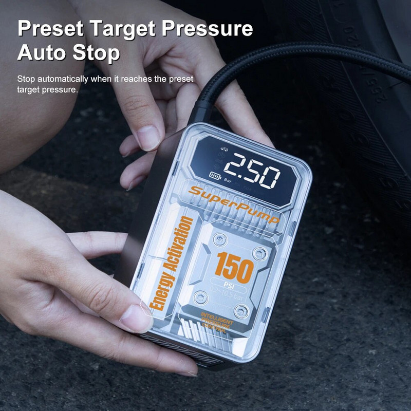 150PSI bezvadu automašīnu riepu piepūšanas ierīce, pārnēsājama 30000 apgr./min gaisa kompresora digitālais piepūšamais sūknis motociklu riepu bumbiņām