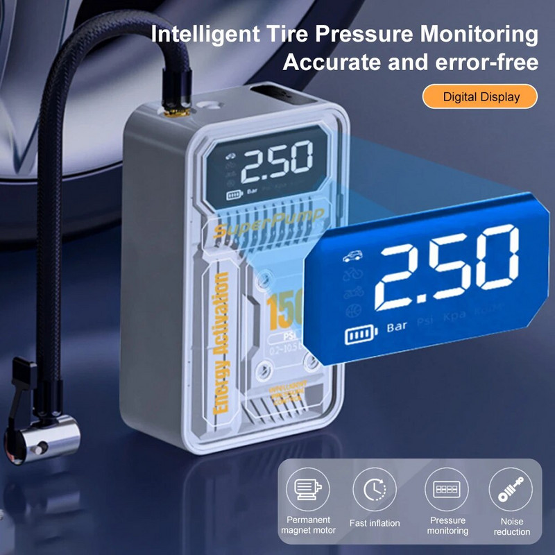 150PSI bezvadu automašīnu riepu piepūšanas ierīce, pārnēsājama 30000 apgr./min gaisa kompresora digitālais piepūšamais sūknis motociklu riepu bumbiņām
