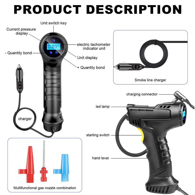 120 W automašīnas sūknis bezvadu/vadu elektrisko automašīnu riepu piepūšamais sūkņa gaisa kompresors riepām digitālais/rādītājs auto riepu piepūšanas ierīce