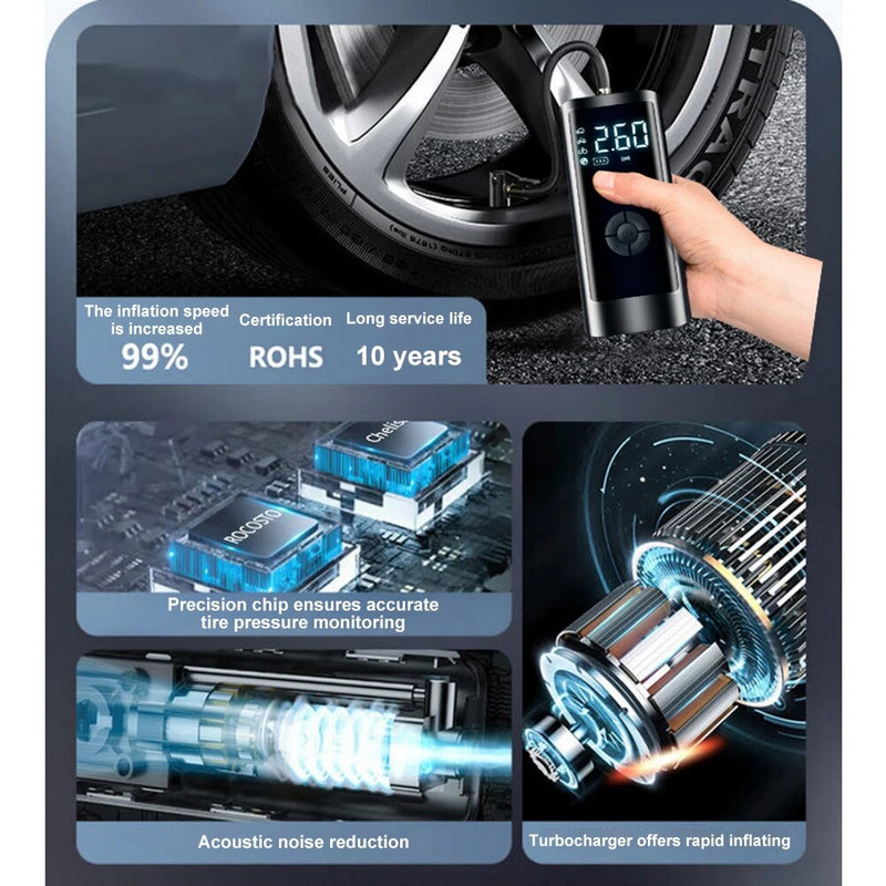 6000mAh 260PSI mini automašīnas gaisa kompresors pārnēsājams riepu piepūtējs bezvadu digitālais piepūšamais sūknis motociklu velosipēdu riepu bumbām