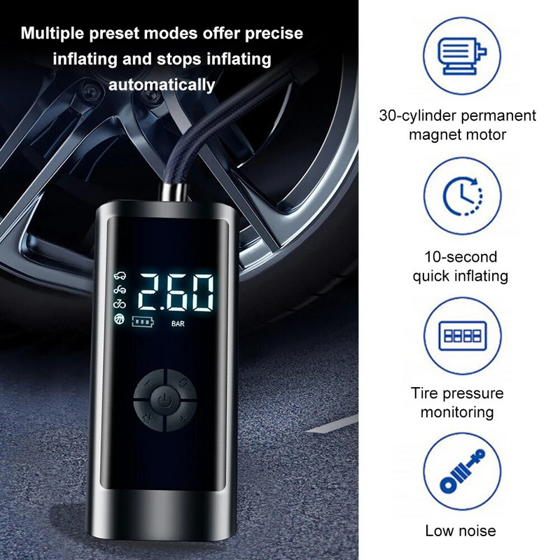 6000mAh 260PSI mini automašīnas gaisa kompresors pārnēsājams riepu piepūtējs bezvadu digitālais piepūšamais sūknis motociklu velosipēdu riepu bumbām