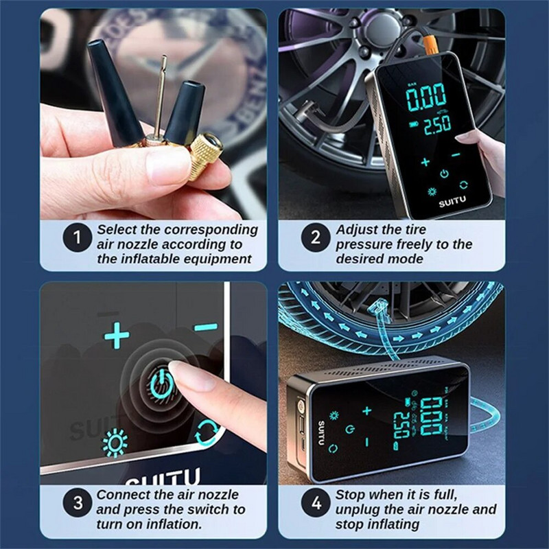 Autó elektromos légszivattyú hordozható vezetékes/vezeték nélküli digitális érintőképernyős légkompresszor 150PSI, alkalmas autómotorok felfújására