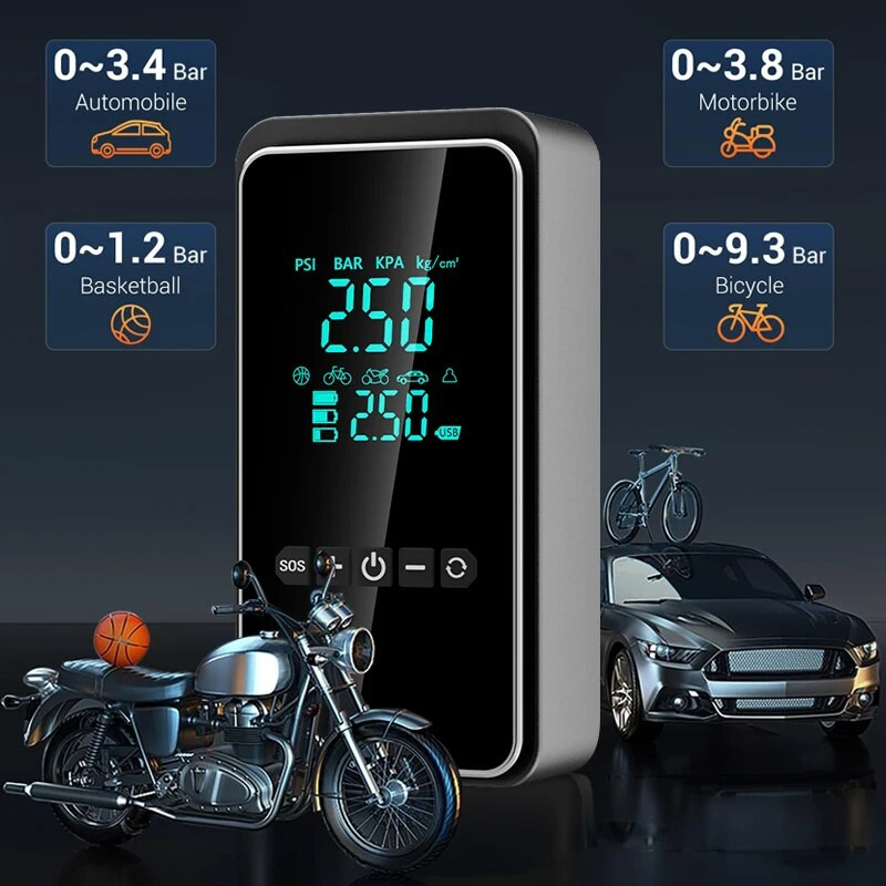 Bezvadu gaisa sūknis 150psi skārienekrāna pārnēsājams elektriskais riepu piepūtējs automašīnu velosipēda motocikla mini gaisa kompresora inžektoram