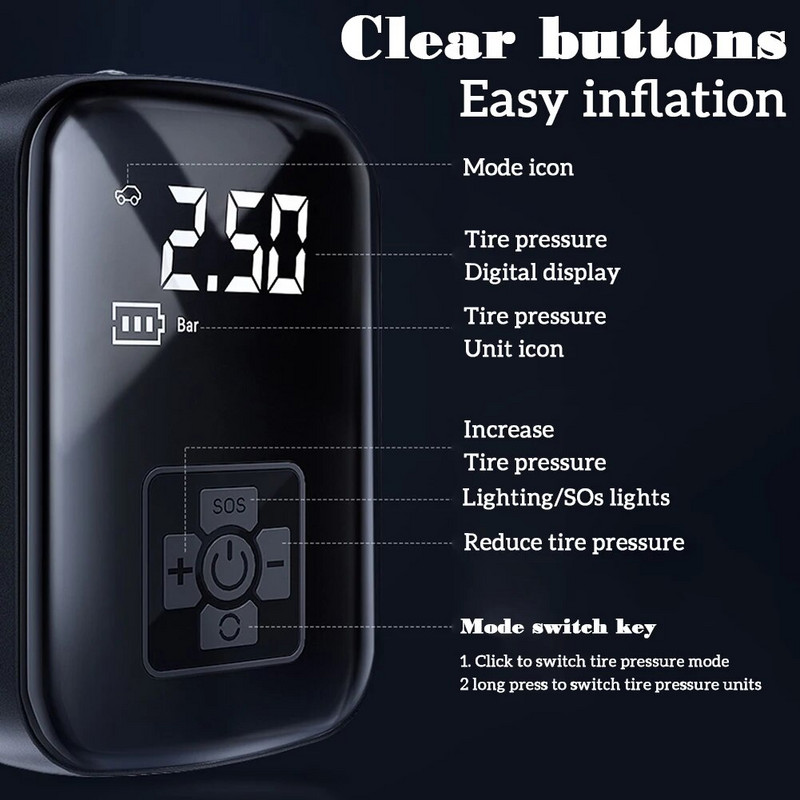 Πολυλειτουργική αντλία Small Airs for Car Motos Bicycle Φορητός συμπιεστής Αυτόματο φουσκωτό ελαστικών Αντλία αέρα Ενσύρματο/Ασύρματο