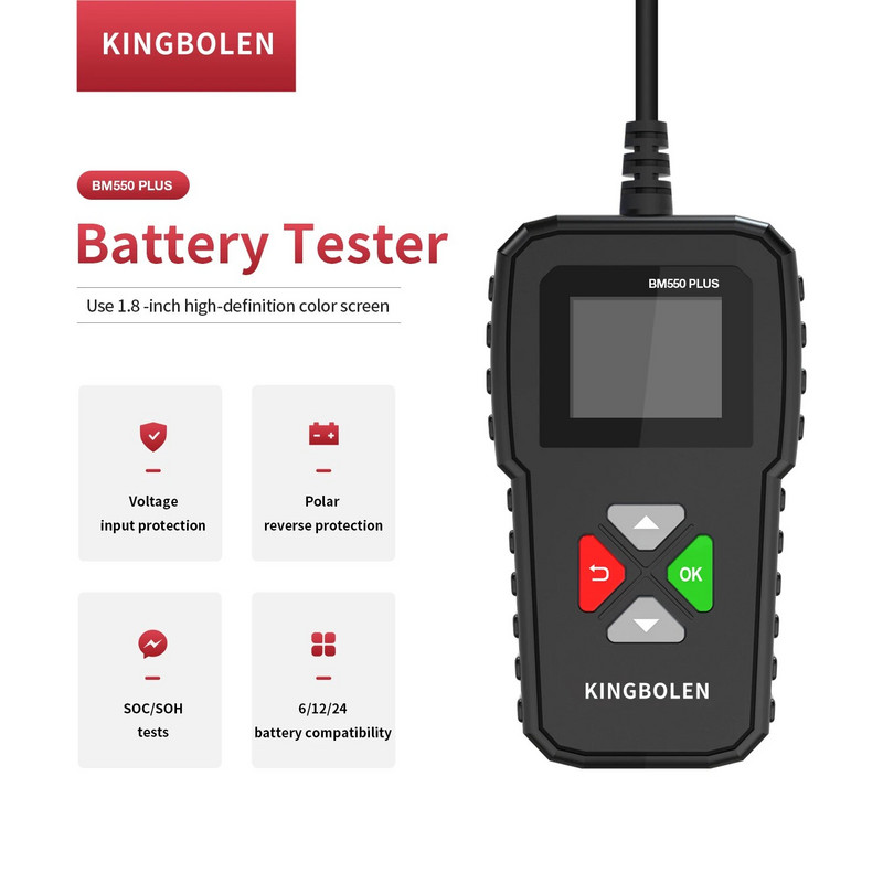 KINGBOLEN BM550 PLUS autoaku tester AUTO 6V 12V 24V akusüsteem tuvastab värvilise ekraani OBD EOBD CAN aku analüsaatori tööriist