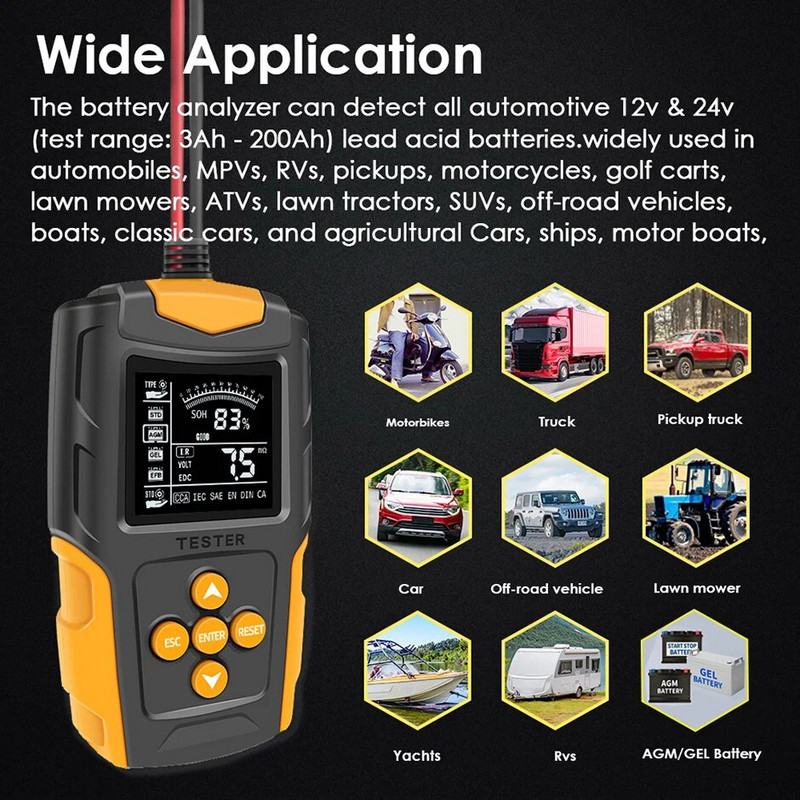 FOXSUR FBT200 automašīnu akumulatoru testeris 12V 24V mitram/GEL/SLA/plūdiem/EFB/svina-skābes/AGM akumulatoru analizatora pārbaudes rīka digitālais analizators