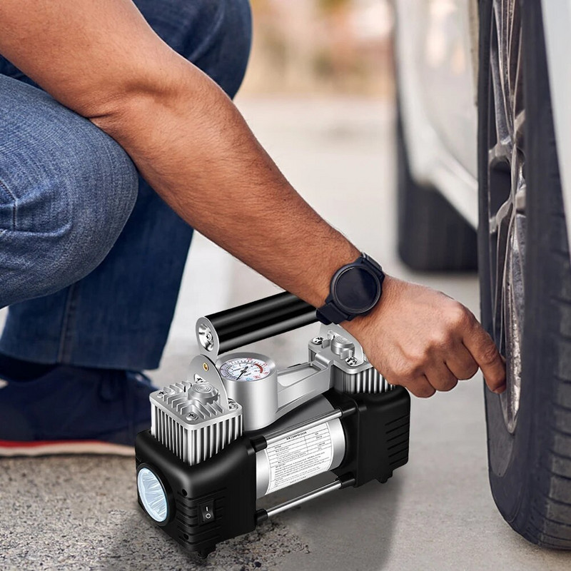 12V divu cilindru riepu piepūšanas ierīce lieljaudas elektrisko automašīnu riepu piepūšanai 150PSI portatīvais gaisa kompresors automobiļu piepūšanas sūknis