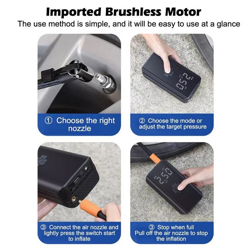 Ασύρματο φουσκωτό ελαστικών αυτοκινήτου Φορητές αντλίες αέρα Ασύρματες με φωτισμό LED Οθόνη πίεσης εξόδου USB για μοτοσικλέτες ποδηλατικό αυτοκίνητο
