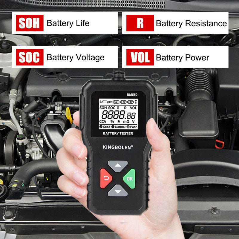 100-2000 CCA Automašīnu piederumi Automašīnas akumulatora rīks 6V 12V 24V Automašīnas akumulatora testeris Auto Battery Analyzer BM550 Battery System Detect