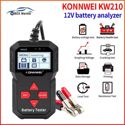 KONNWEI KW210 automašīnu akumulatora testeris Automātisks viedais 6V 12V automātiskais akumulatora analizators 100 līdz 2000CCA, palaišana ar printeri bez maksas