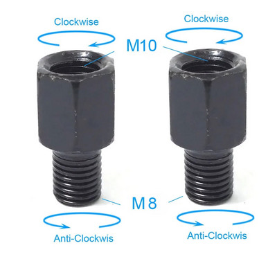 Pāris melni motocikla spoguļa adapteri M10 10 MM M8 8 MM atpakaļskata spoguļi, pārveidošanas skrūve pulksteņrādītāja virzienā pret pulksteni, labā kreisā vītne